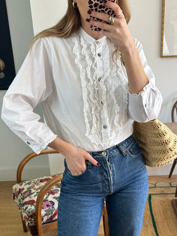 White Broderie Anglaise Frill Blouse - M
