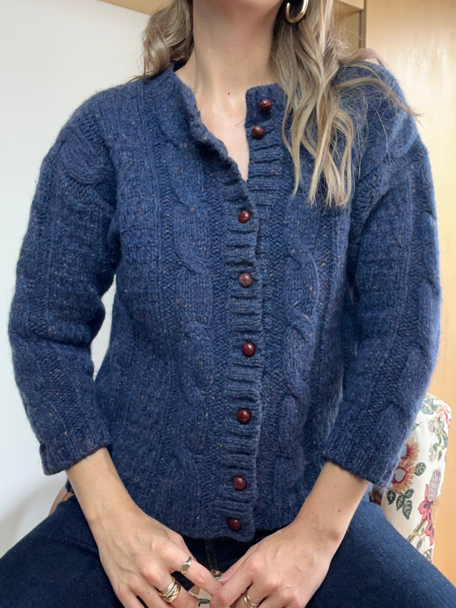 Navy Cable Knit Cardigan - Petite S/M