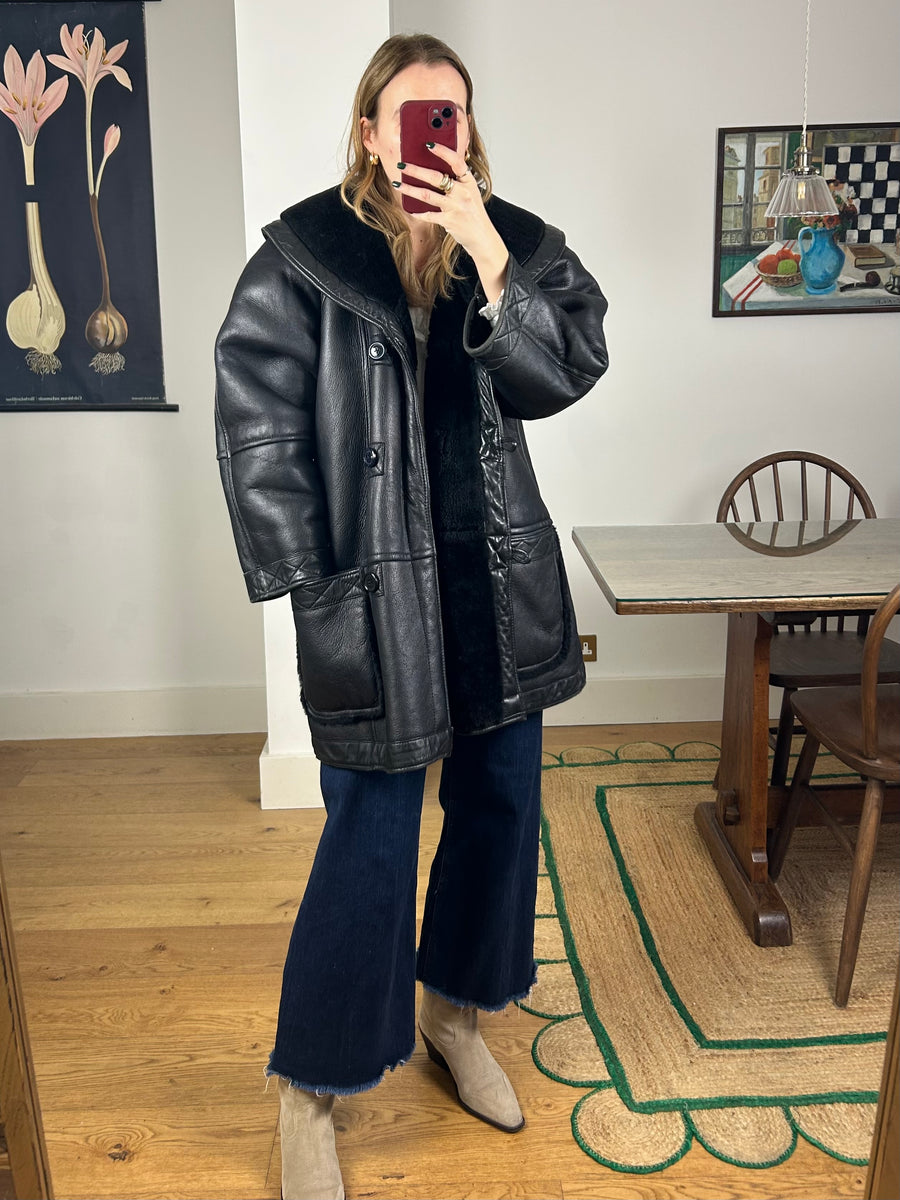 Black Leather Sheepskin Coat - L