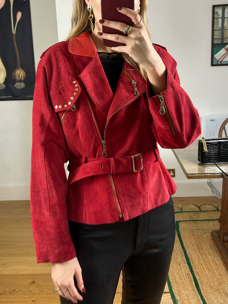 Red Suede Biker Jacket - S/M