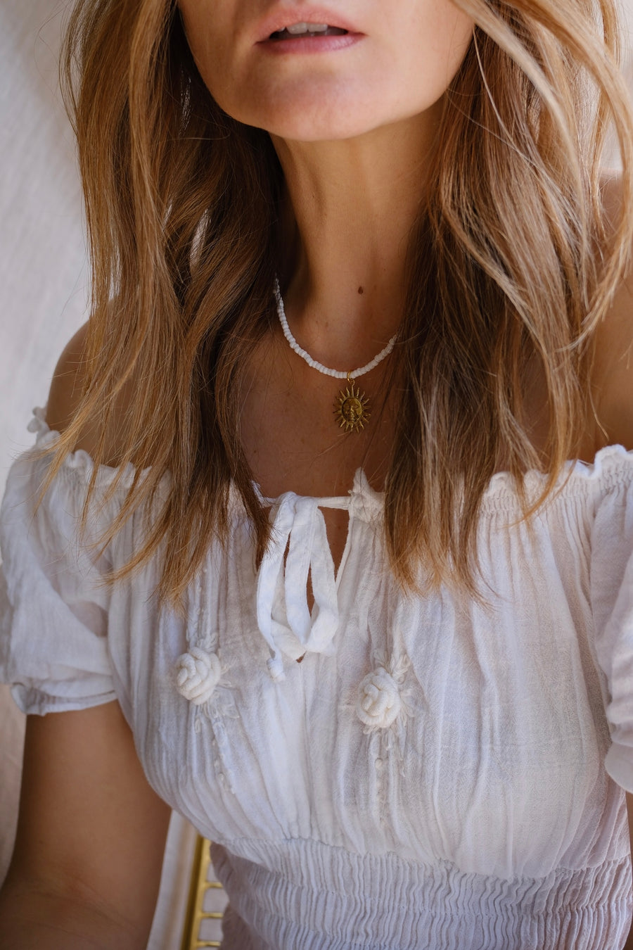 White Beaded Sun Necklace