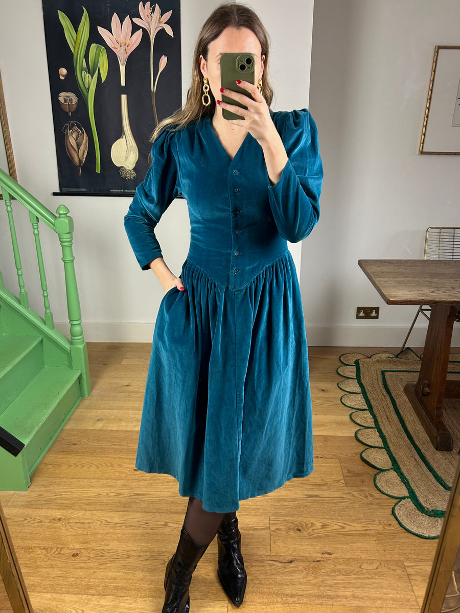 Turquoise Cotton Velvet Dress UK 8 VintageInclined