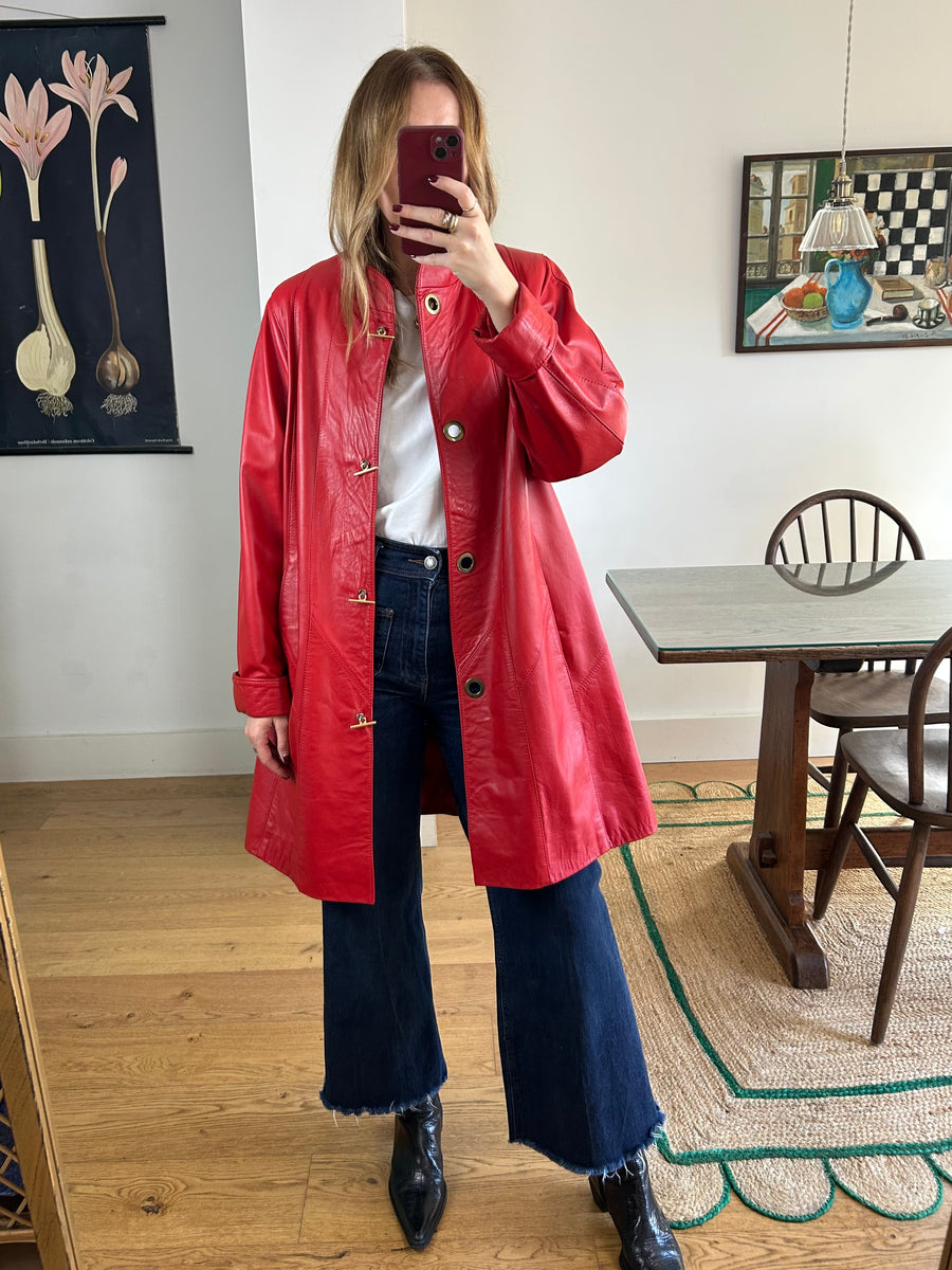 Red Leather Swing Coat - M