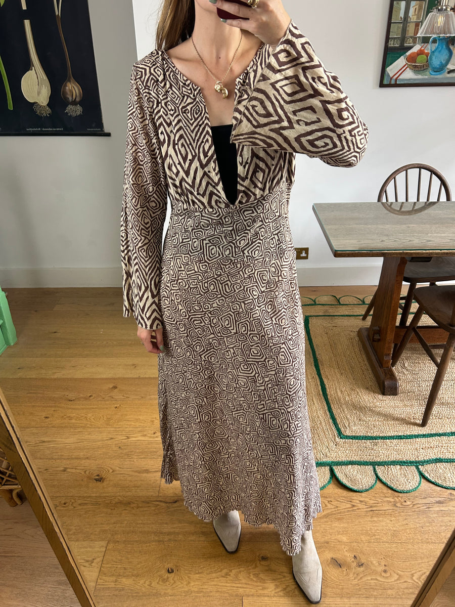 Brown Patterned Maxi Dress - UK 12
