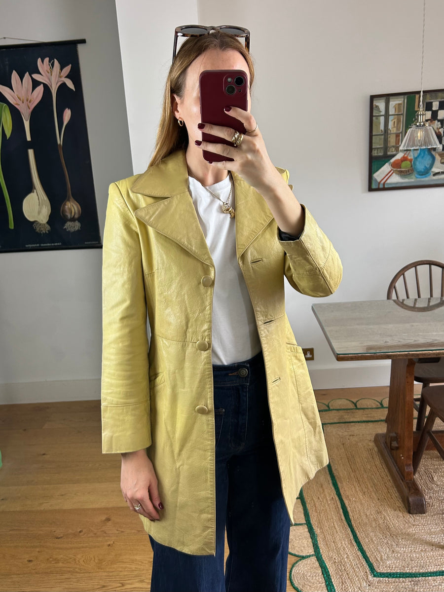 Yellow Leather Trench Coat - XS-S