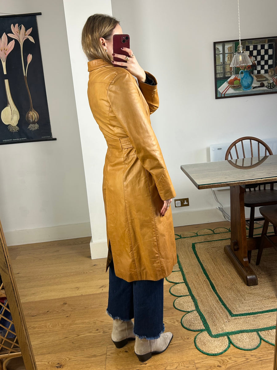 Brown Leather Trench Coat - S/M