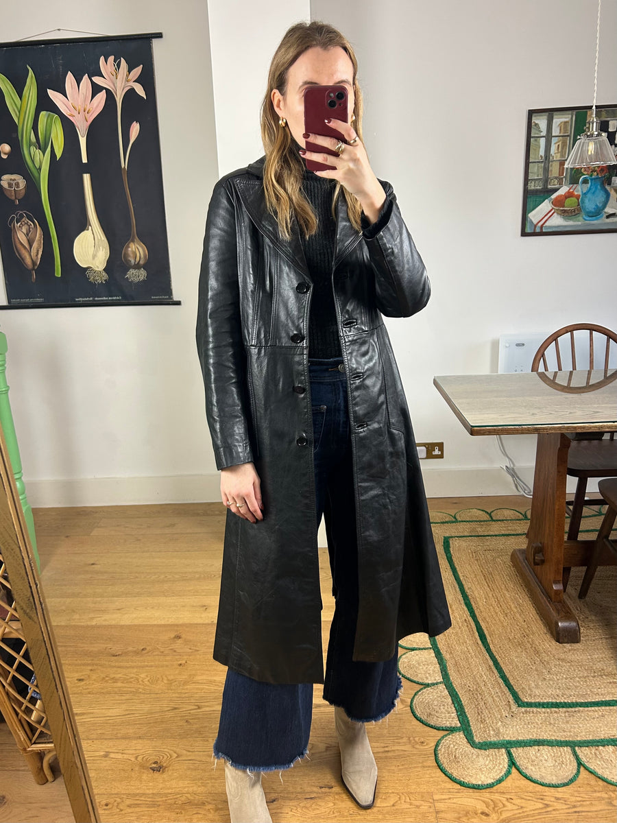 Black Leather Trench Coat - S