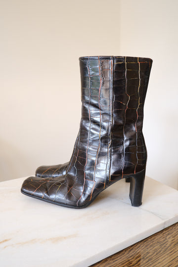 Croc-Effect Heeled Boots - UK 4