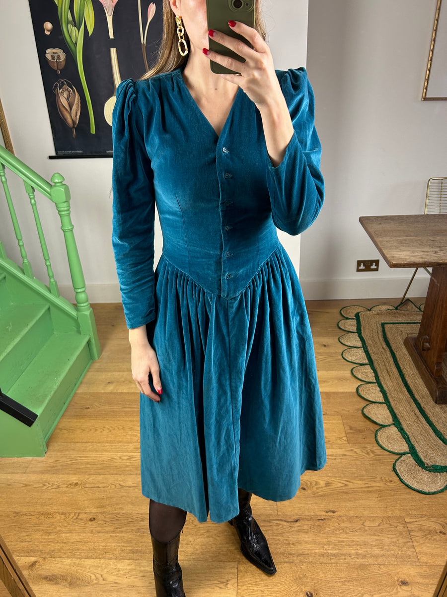 Turquoise Cotton Velvet Dress - UK 8