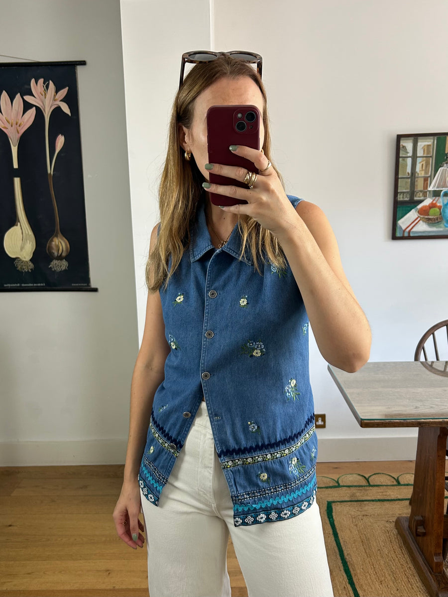 Embroidered Denim Waistcoat - XXL