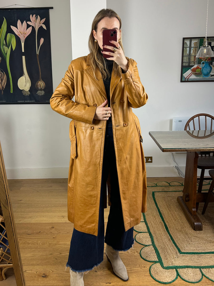 Brown Leather Trench Coat - S/M