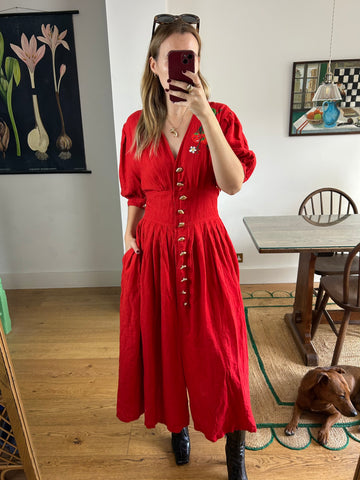 Red Linen Strawberry Dress - UK 14