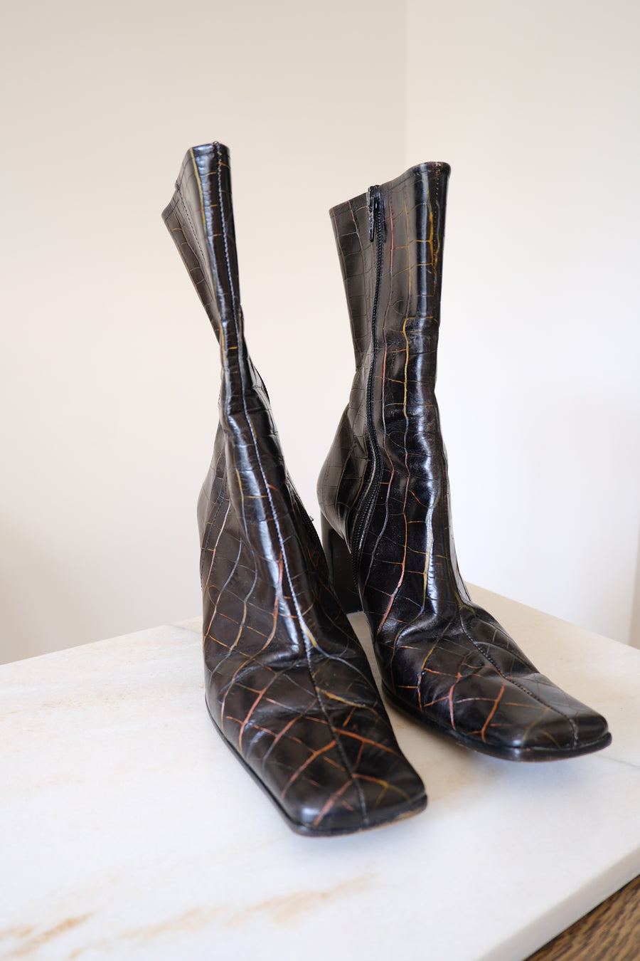 Croc-Effect Heeled Boots - UK 4