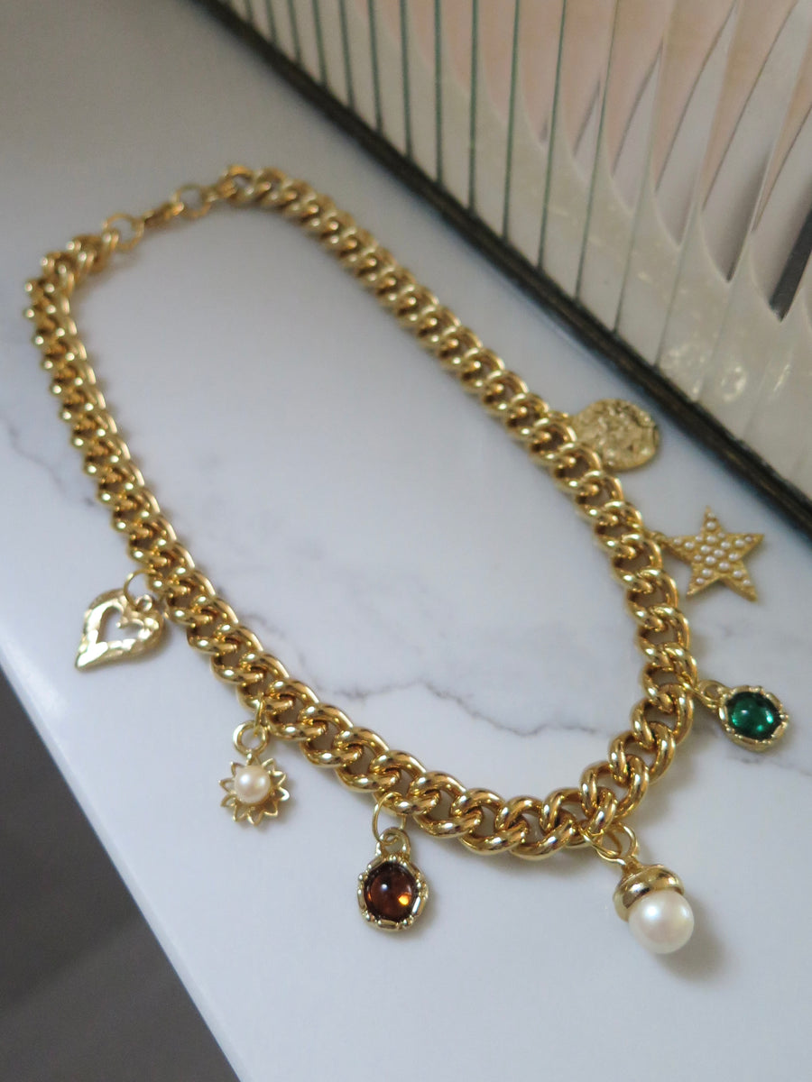 Gold Plated Chunky Charm Necklace - 16