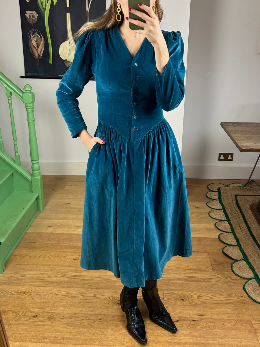 Turquoise Cotton Velvet Dress - UK 8