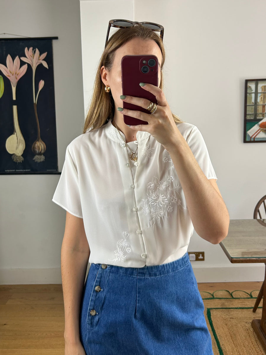 White Embroidered Blouse - M