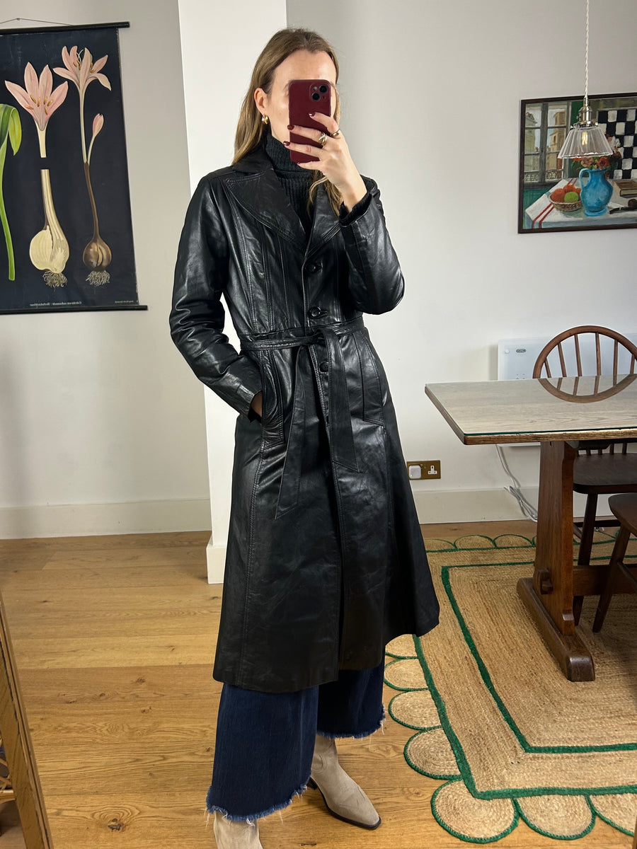Black Leather Trench Coat - S