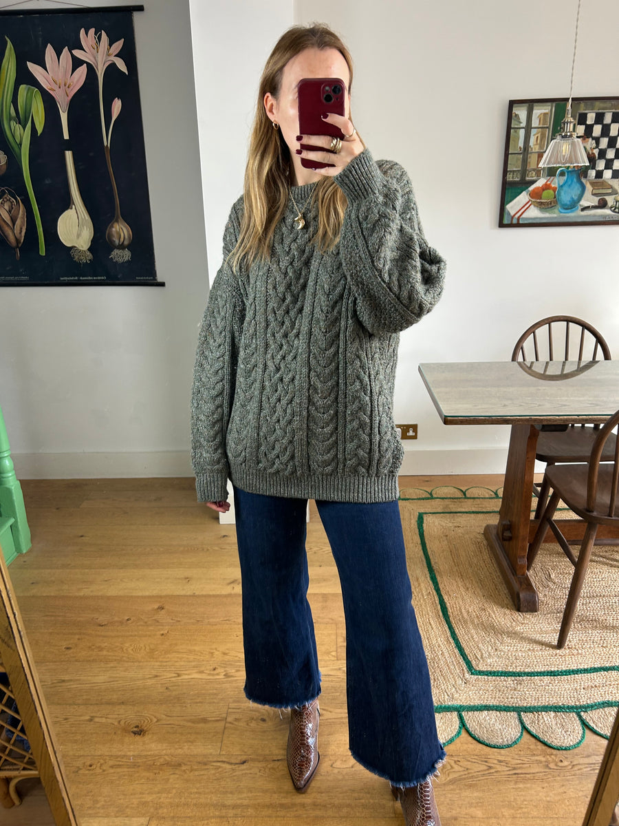 Dark Green Wool Cable Knit Jumper - L