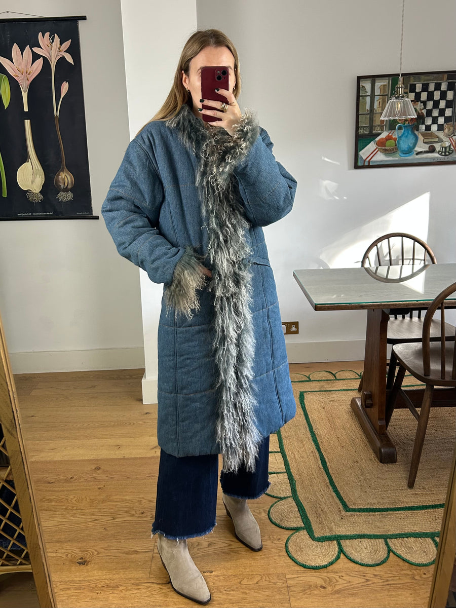 Denim Mongolian Fur Coat - M