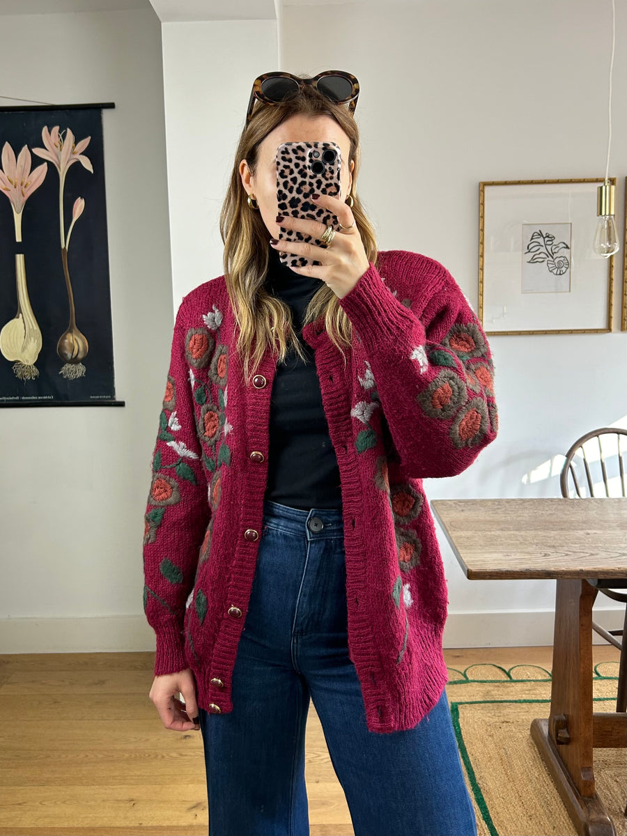 Embroidered Floral Cardigan - M