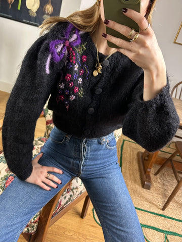 Bow & Floral Embroidered Mohair Cardigan - L