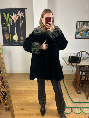 Black & Leopard Faux Fur Coat - L