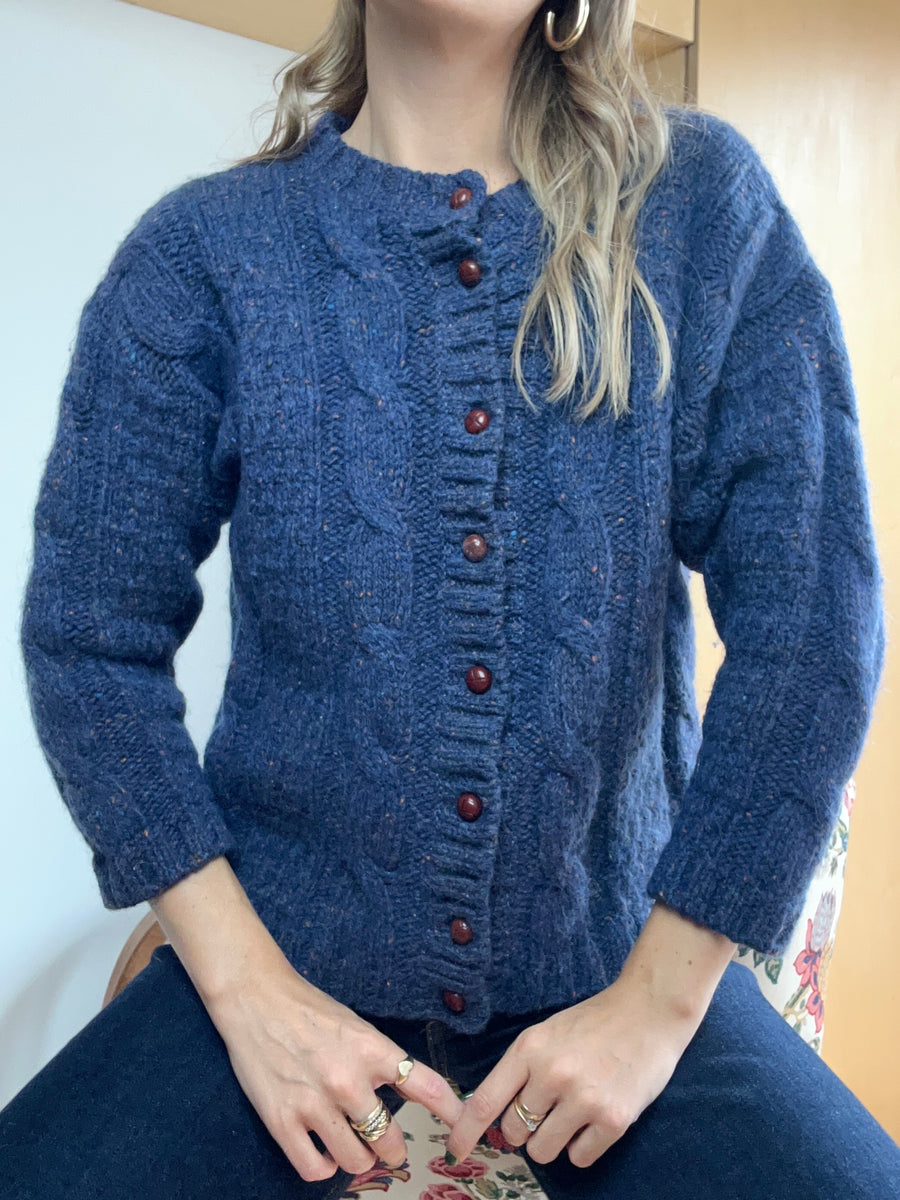 Navy Cable Knit Cardigan - Petite S/M