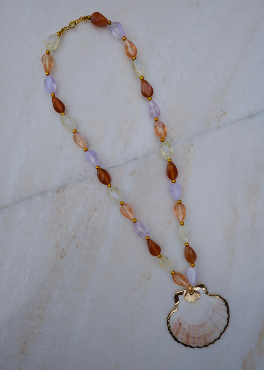 Pink Beaded Shell Pendant Necklace