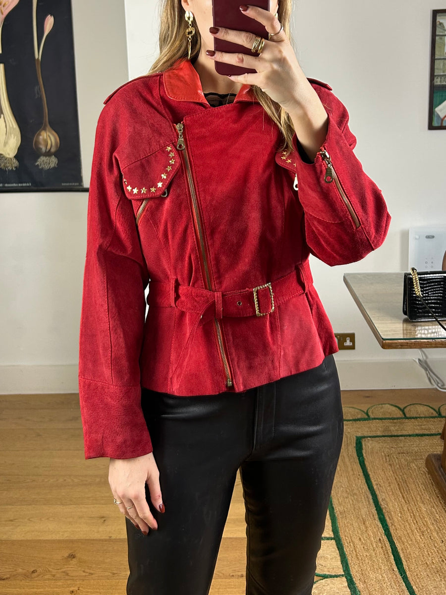 Red Suede Biker Jacket - S/M
