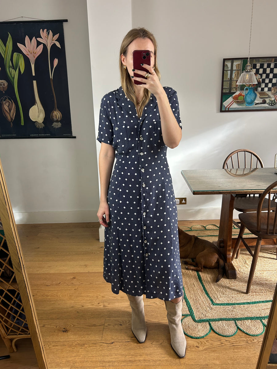 Navy Polkadot Dress - UK 12