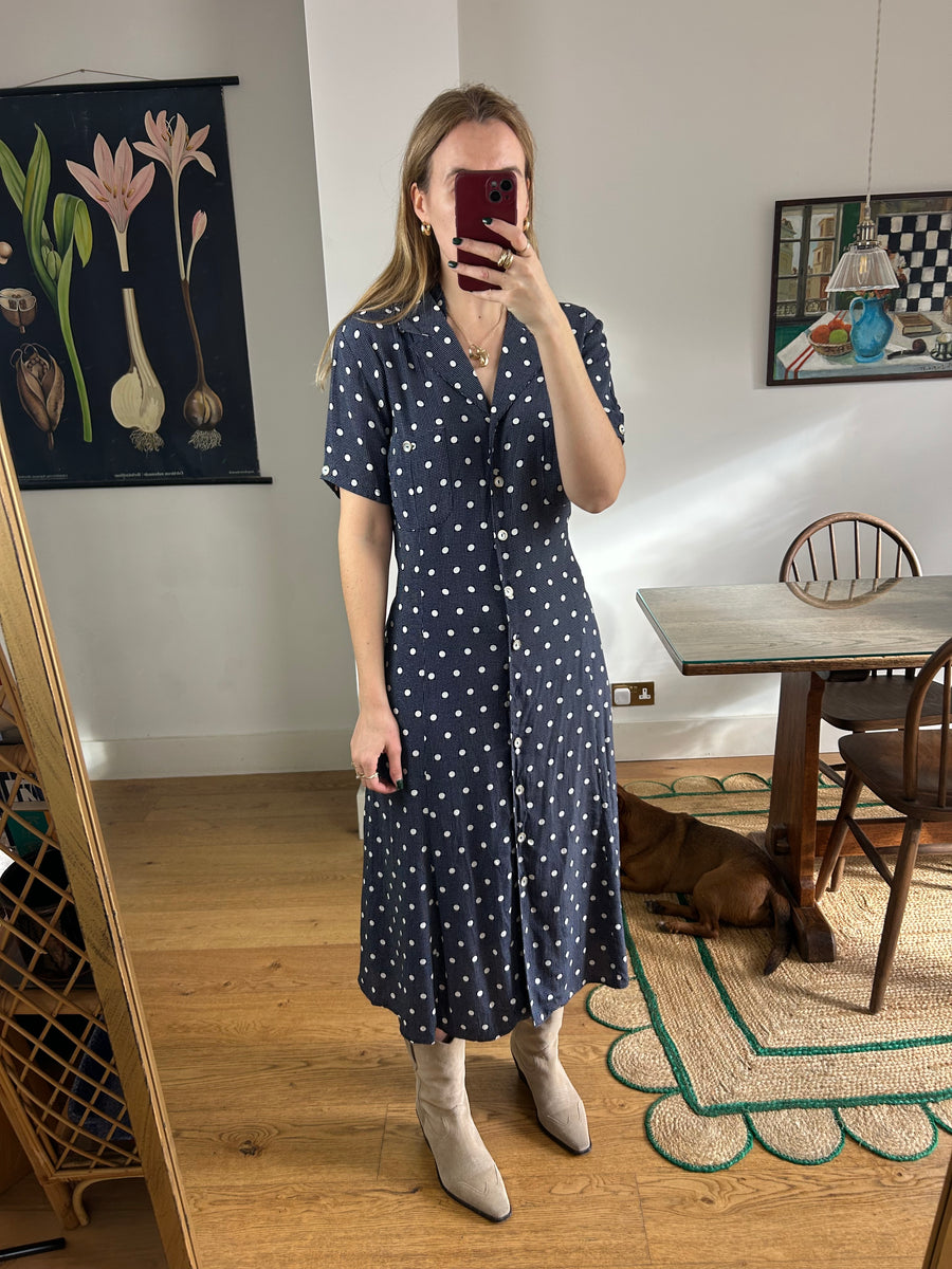 Navy Polkadot Dress - UK 12