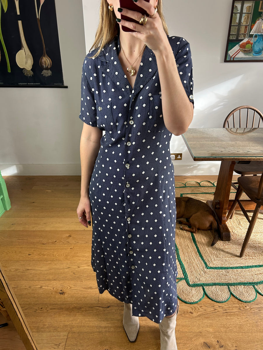 Navy Polkadot Dress - UK 12