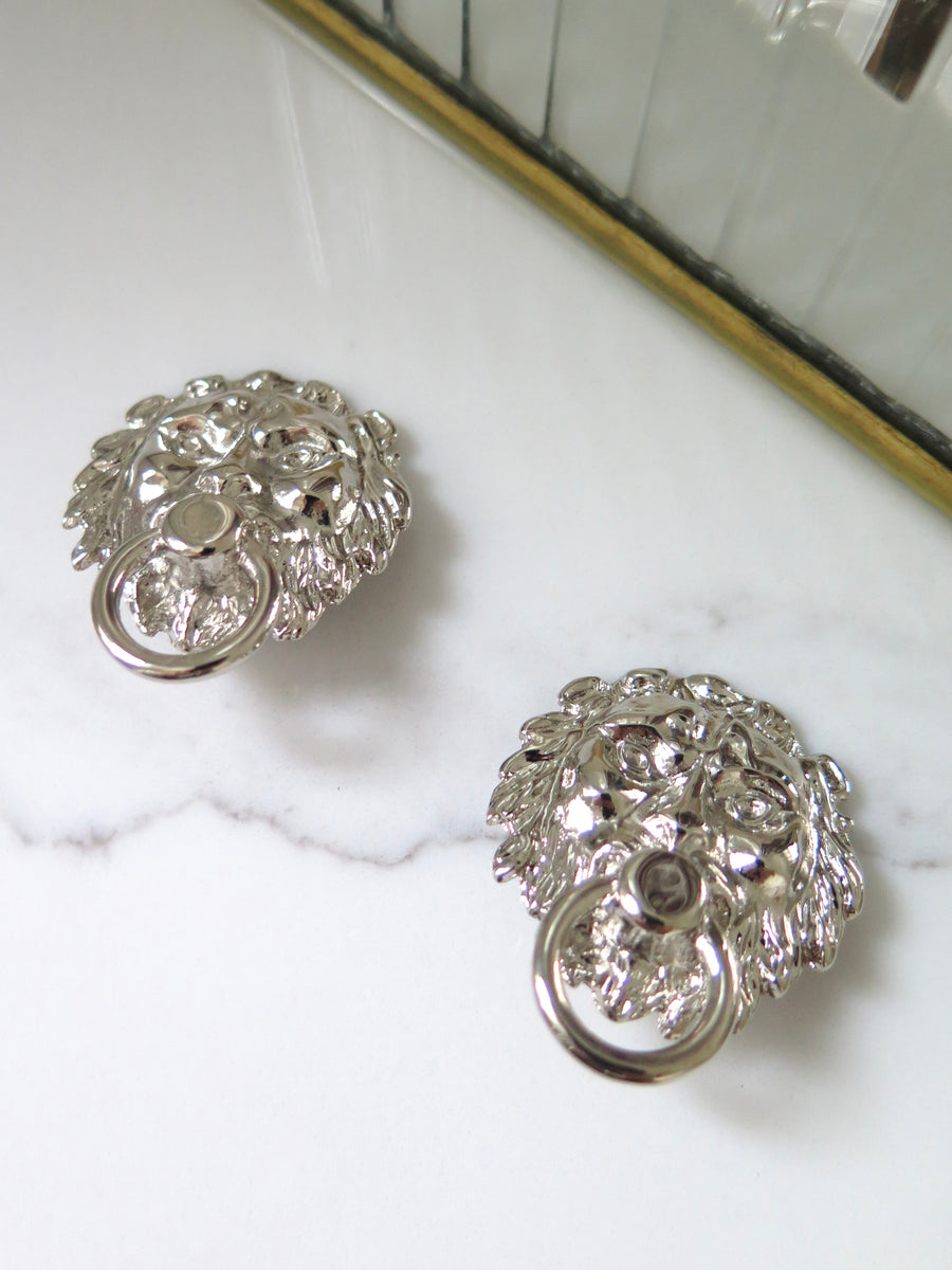 Vintage Silver Plated Lion Head Clip-On Earrings