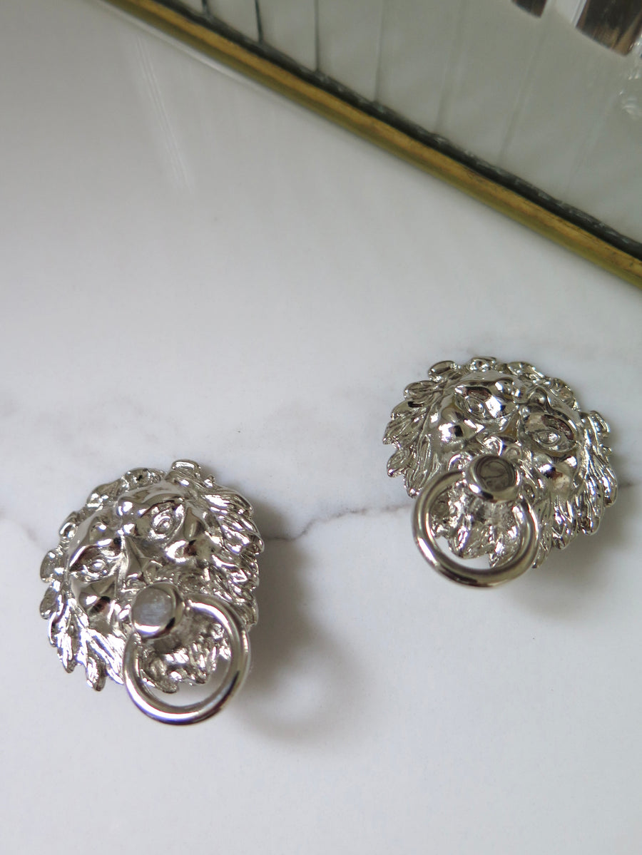 Vintage Silver Plated Lion Head Clip-On Earrings