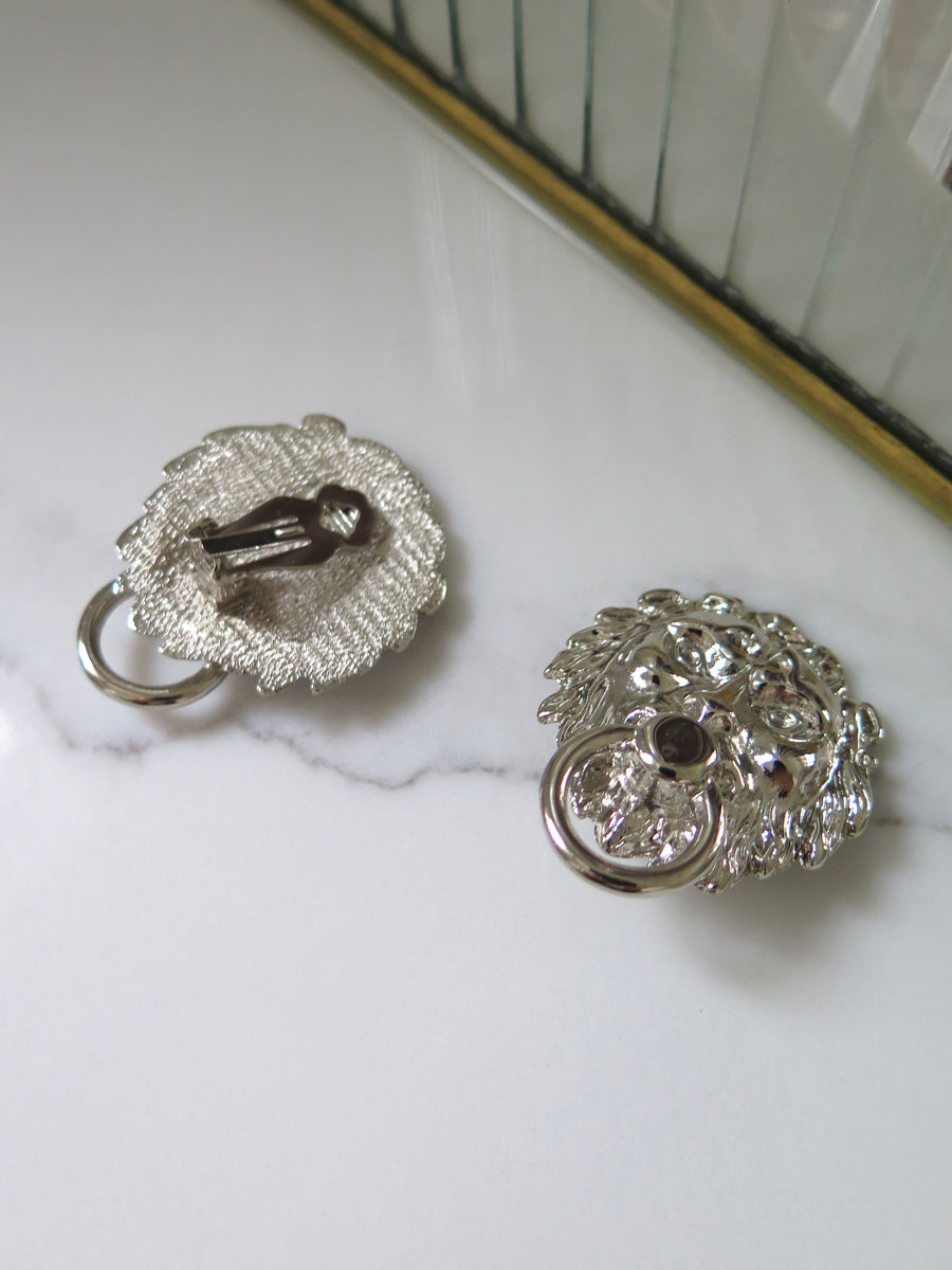 Vintage Silver Plated Lion Head Clip-On Earrings
