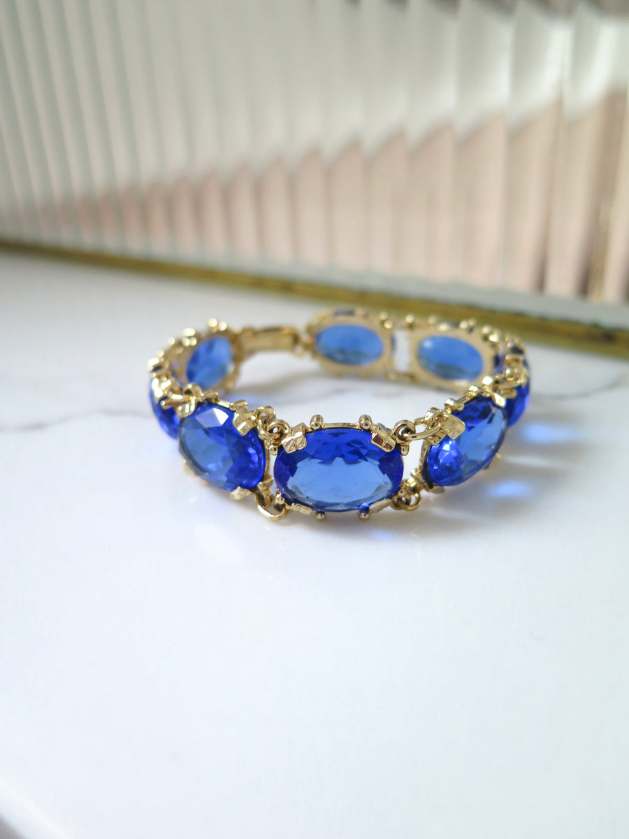 Gold Plated Glass Stone Bracelet - Blue & Amber