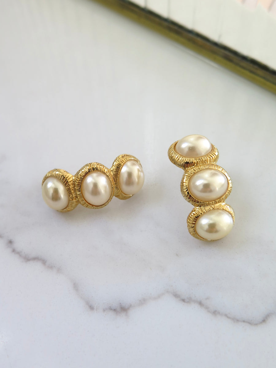 Gold Plated Three Pearl Earrings