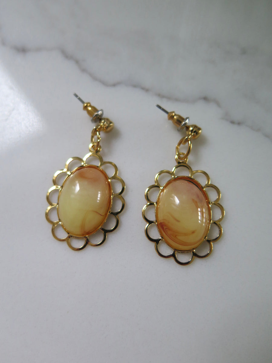 Gold Plated Flower Marble Resin Earrings - Green, Brown & Cream