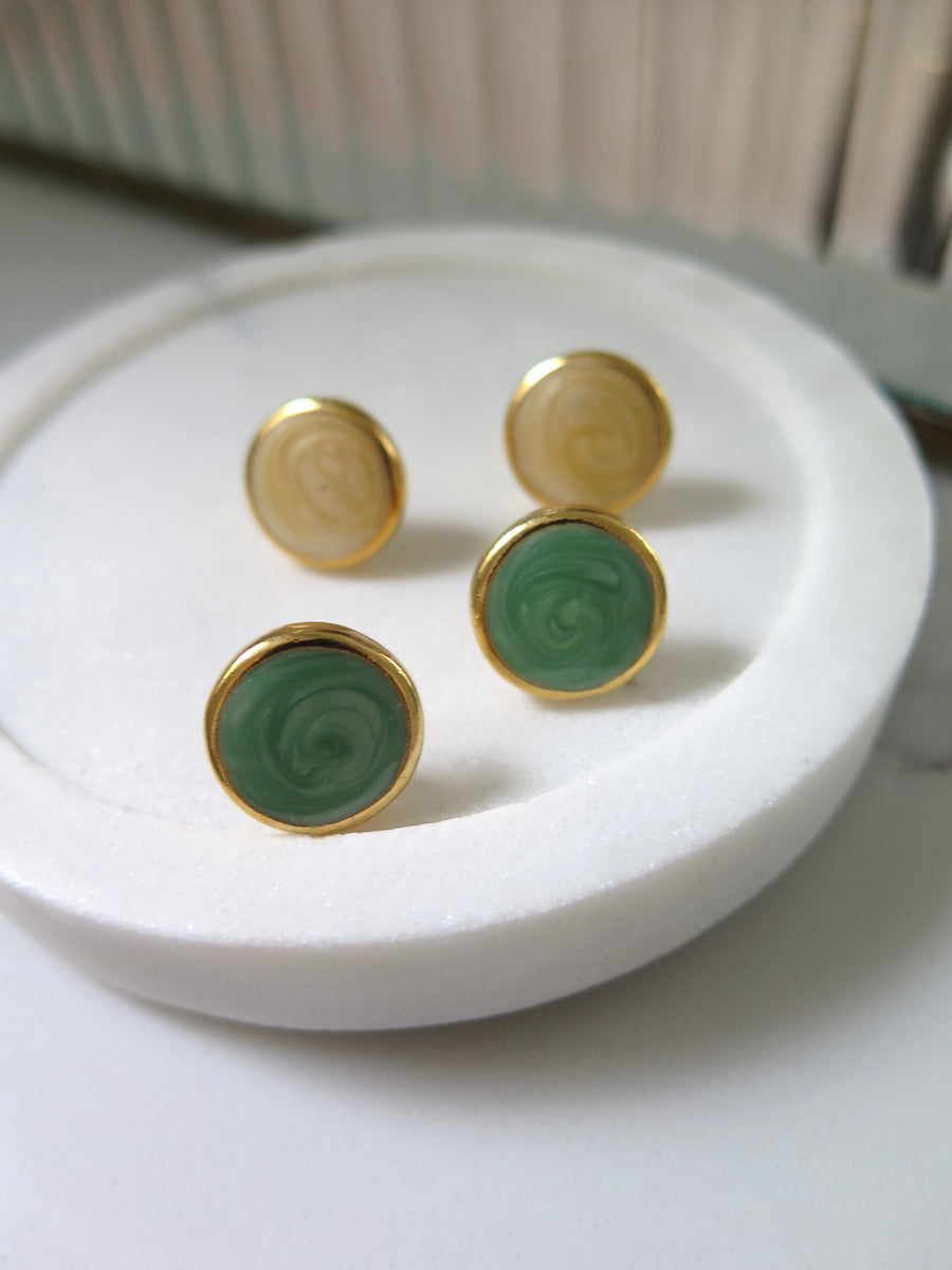 Gold Plated Marble Studs - Green & Cream