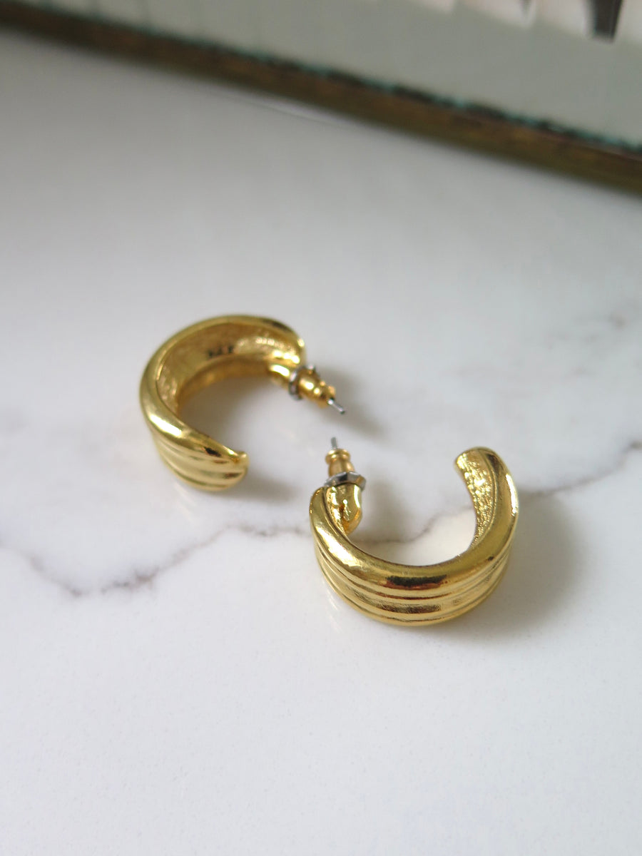 Gold Plated Chunky Ribbed Half Hoops