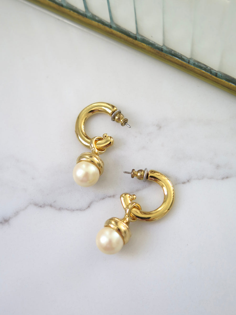 Gold Plated Simple Pearl Charm Hoops