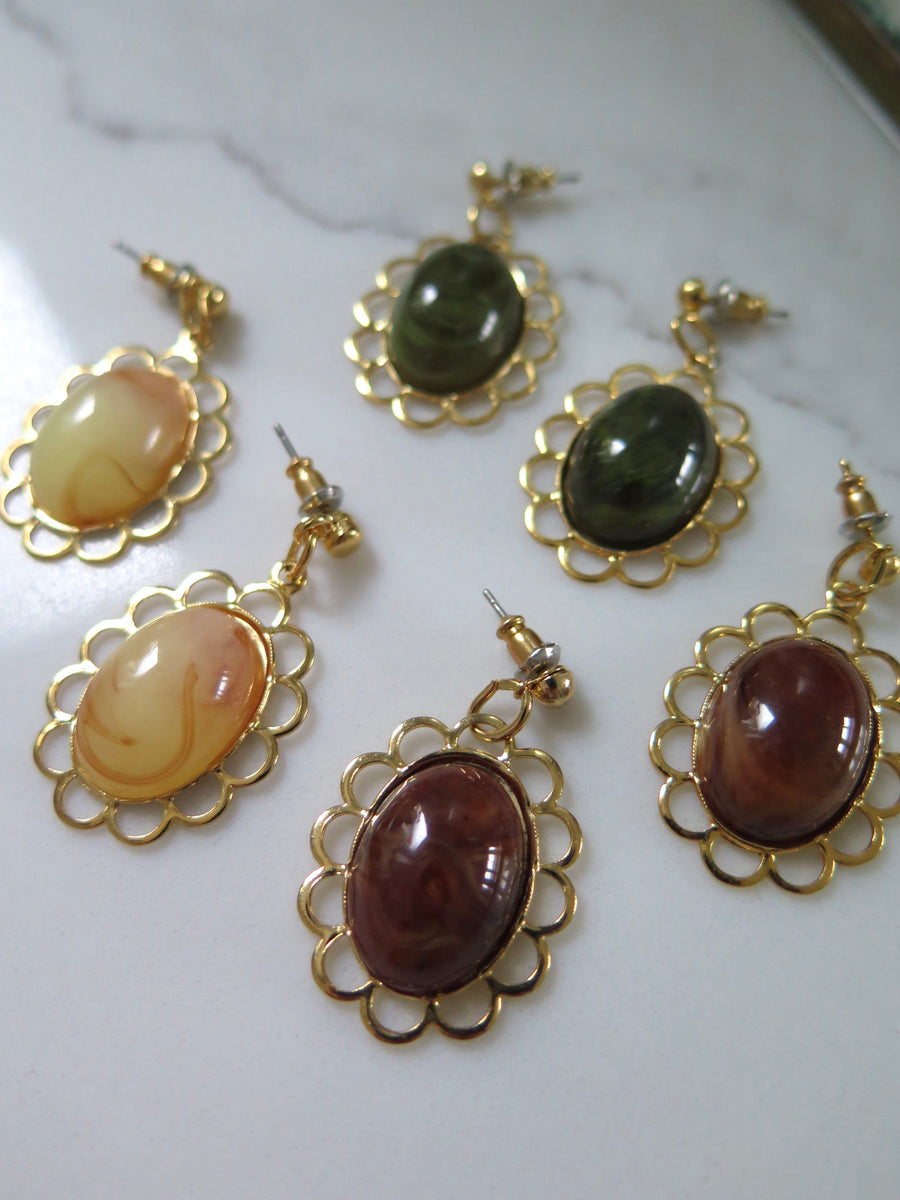 Gold Plated Flower Marble Resin Earrings - Green, Brown & Cream