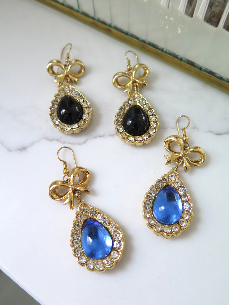 Gold Plated Ribbon & Diamante Drop Earrings