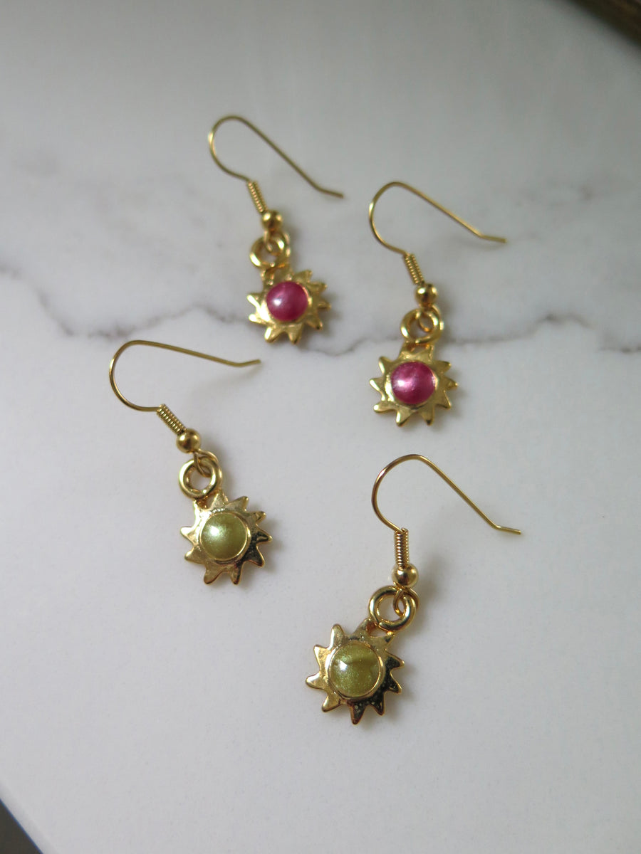 Gold Plated Sun Drop Earrings - Green & Purple