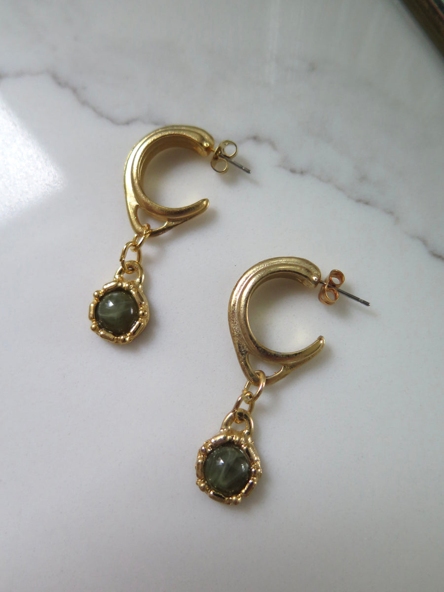 Gold Plated Green Charm Half Hoops