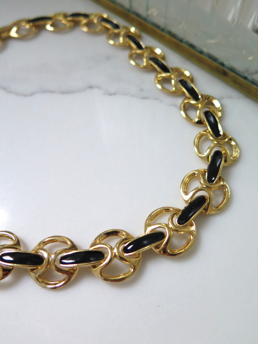 Gold Plated Black Enamel Necklace - 16