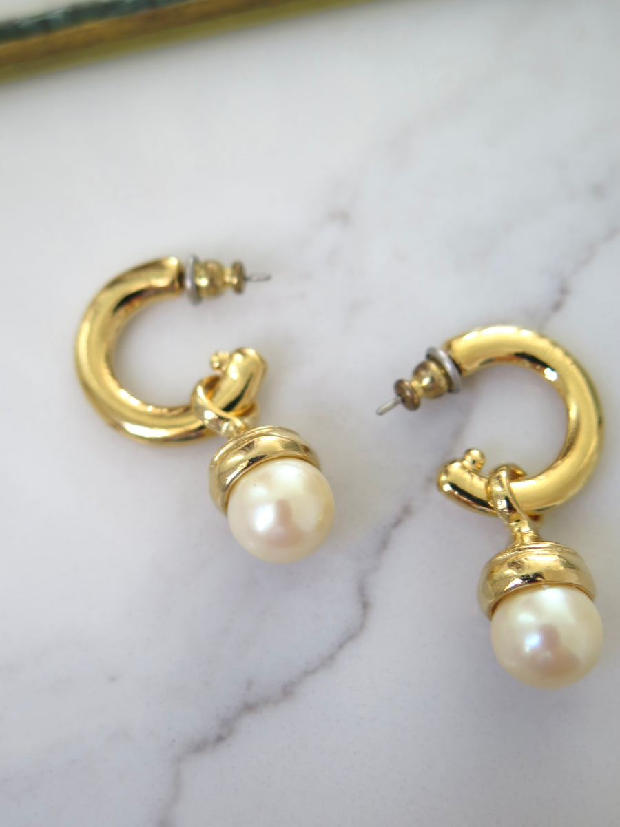 Gold Plated Simple Pearl Charm Hoops