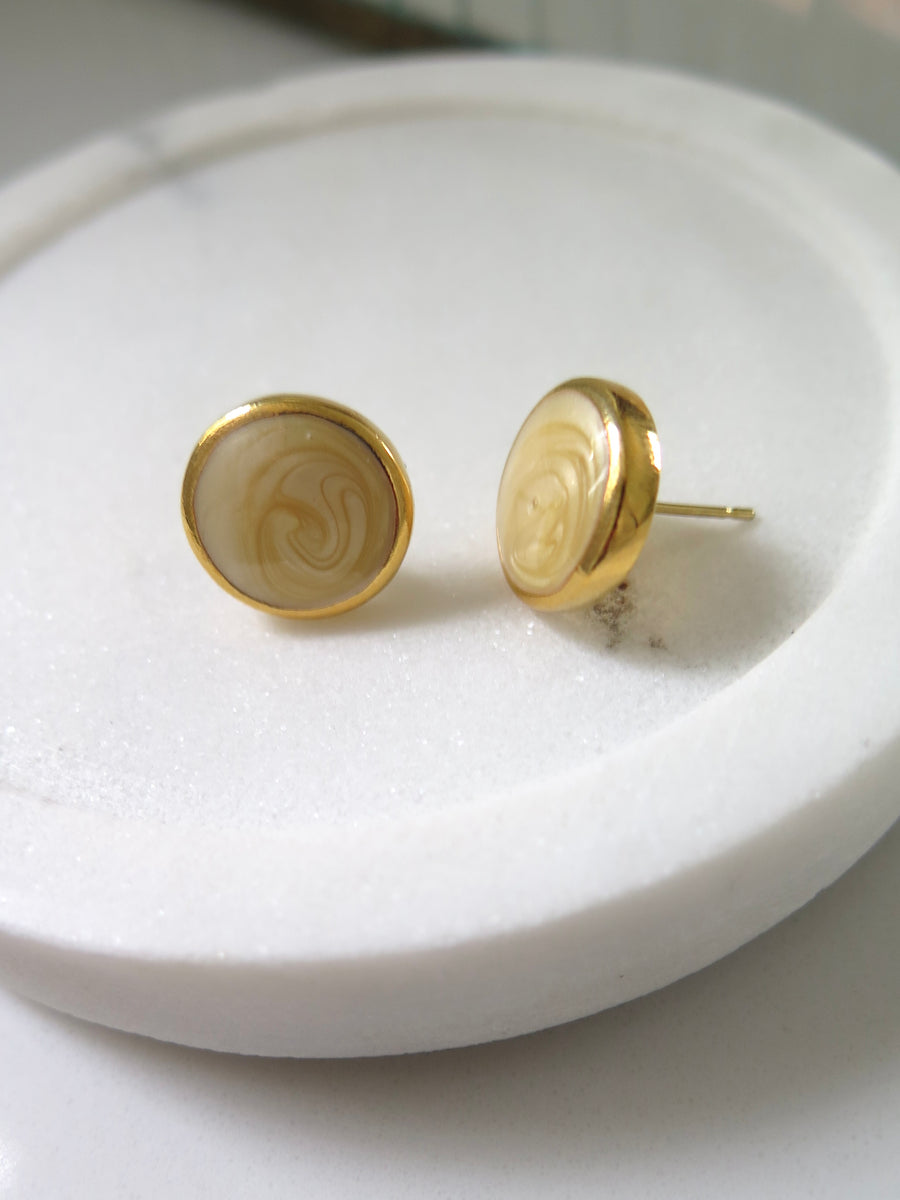 Gold Plated Marble Studs - Green & Cream