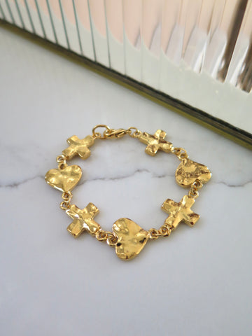 Gold Plated Heart & Cross Bracelet