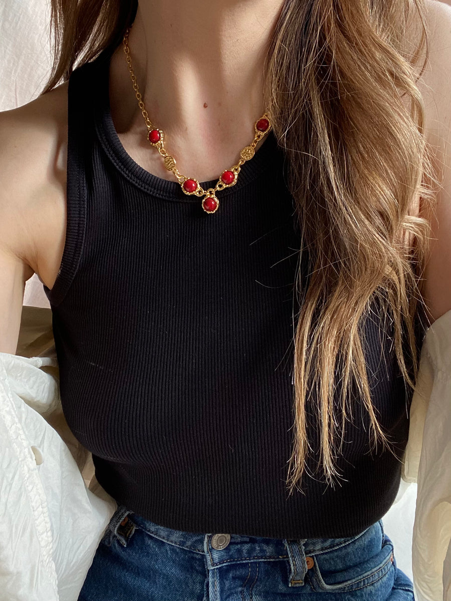 Gold Plated Red Jewel Necklace - 16